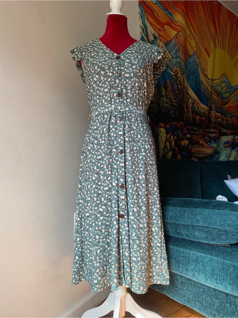 Monteau Teal Floral Button-Front Midi Dress with Self Tie